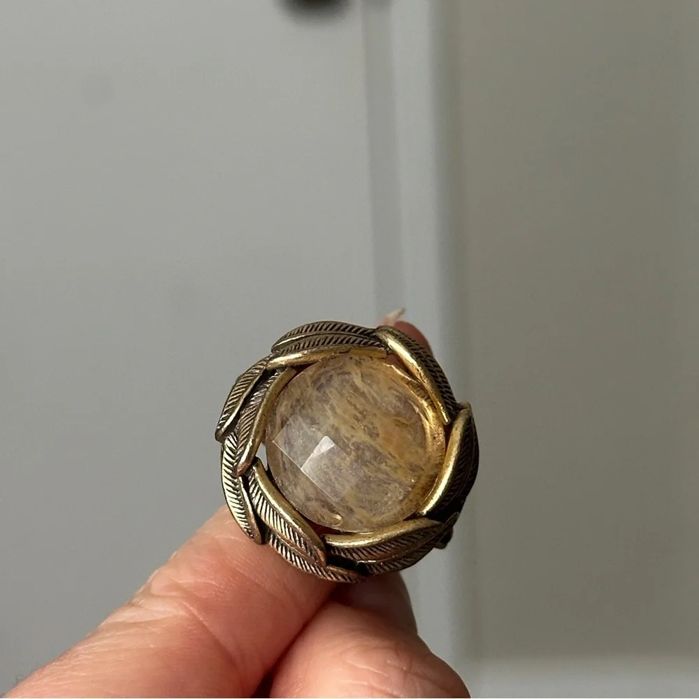 Vintage Bronze Rutilated Quartz Large Cocktail Ring Adjustable Band Gold Toned